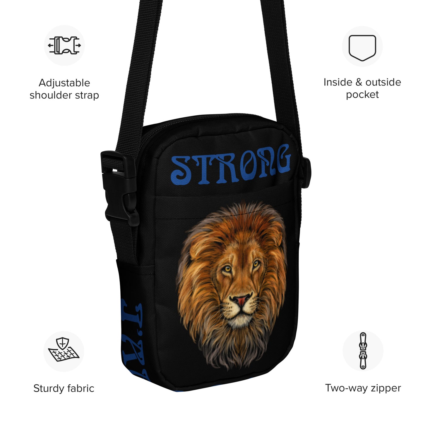 “I’AM STRONG”Black Utility Crossbody Bag W/Blue Font