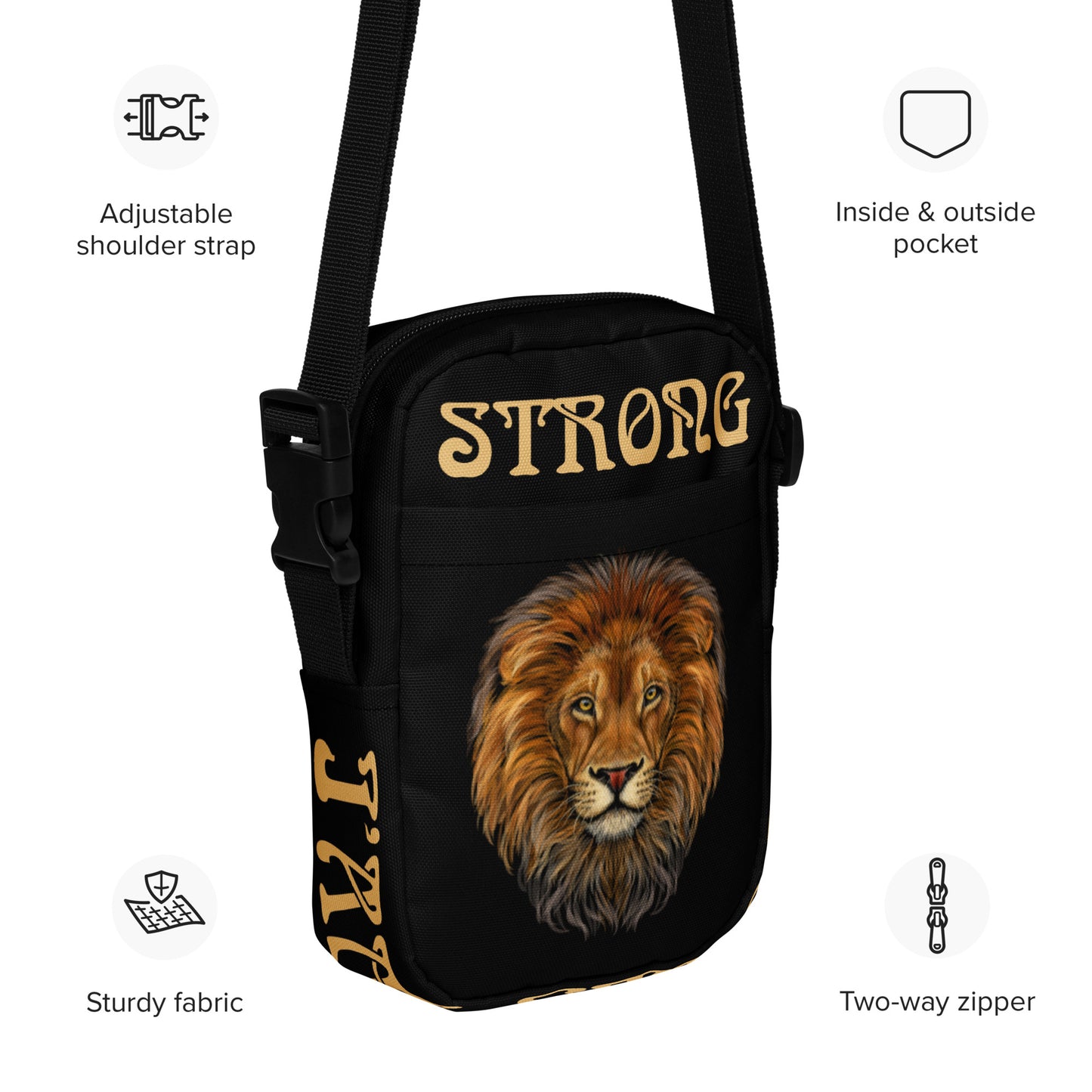 “I’AM STRONG”Black Utility Crossbody Bag W/Fawn Font