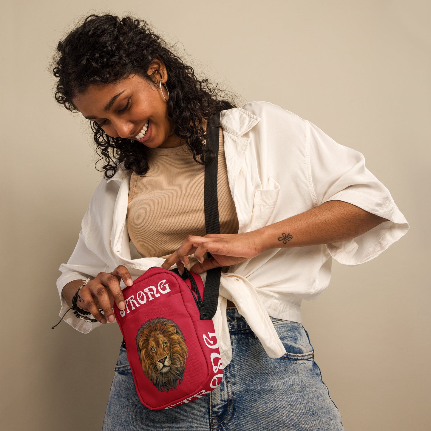 “I’AM STRONG”Red Utility Crossbody Bag W/White Font