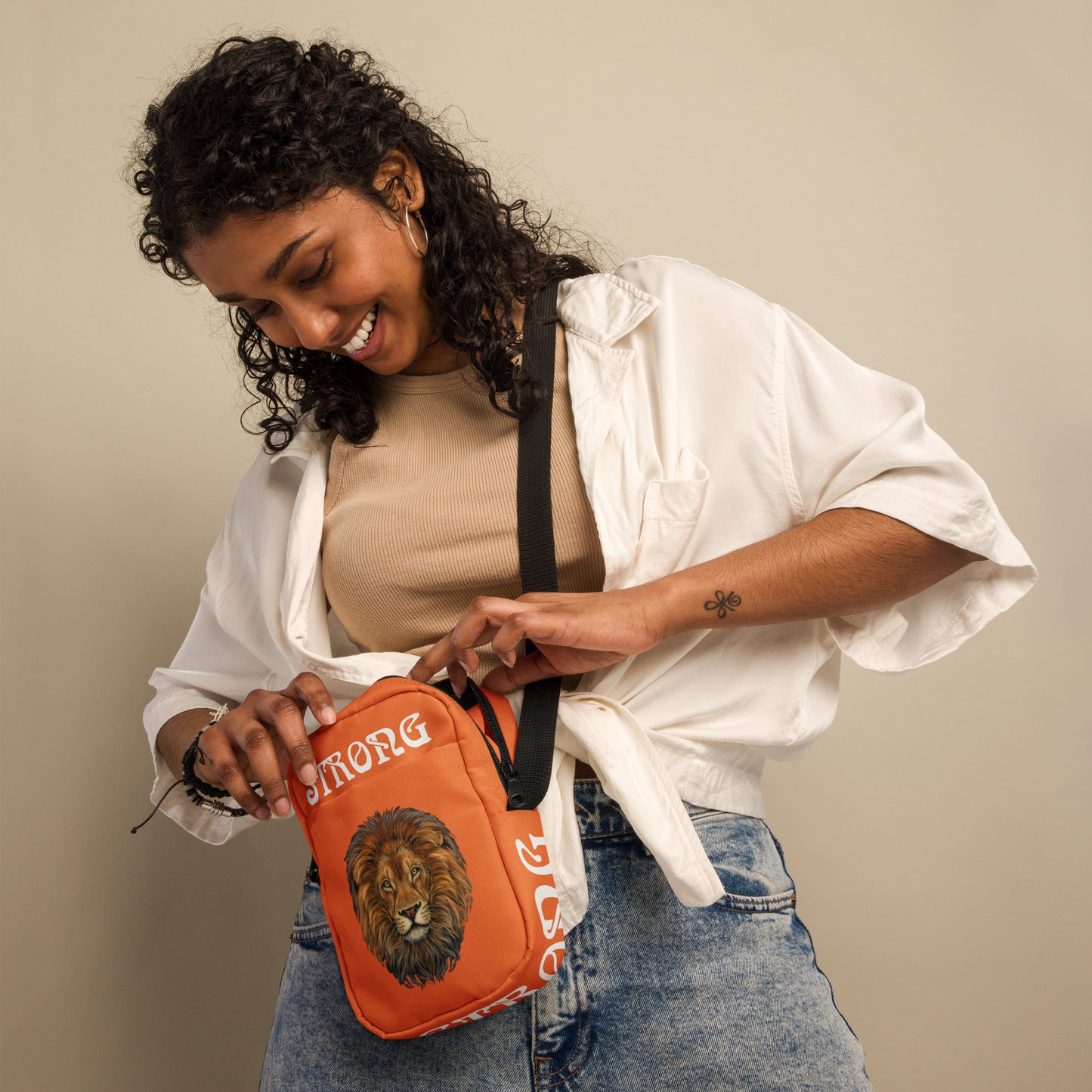 “I’AM STRONG”Orange Utility Crossbody Bag W/White Font