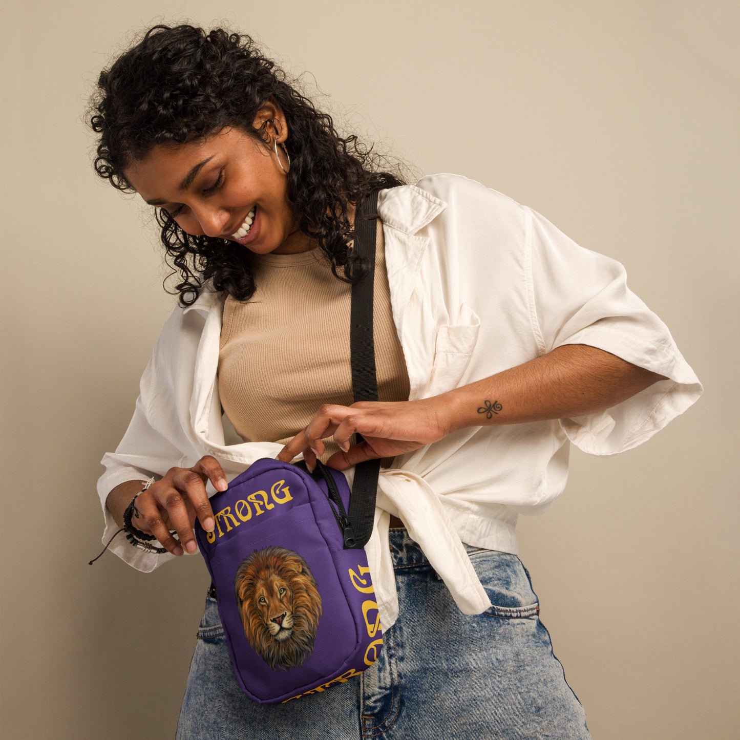 “I’AM STRONG”Purple Utility Crossbody Bag W/Yellow Font