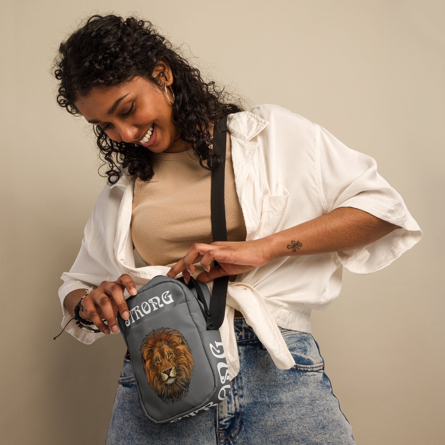“I’AM STRONG”Grey Utility Crossbody Bag W/White Font