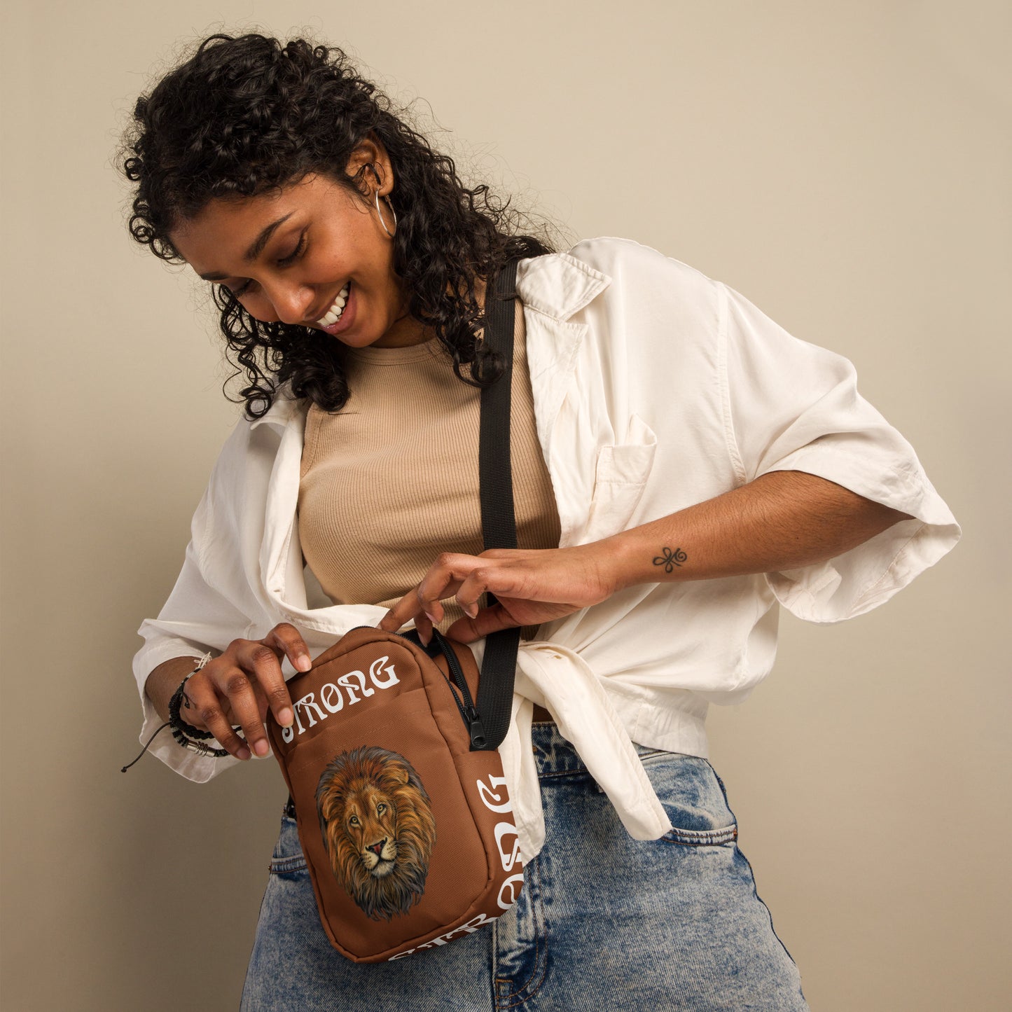 “I’AM STRONG”Brown Utility Crossbody Bag W/White Font