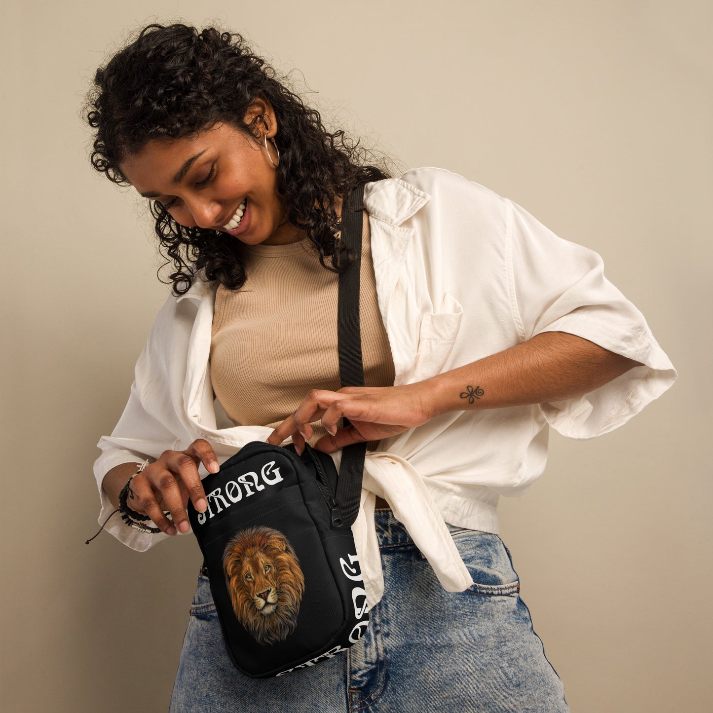 “I’AM STRONG”Black Utility Crossbody Bag W/White Font