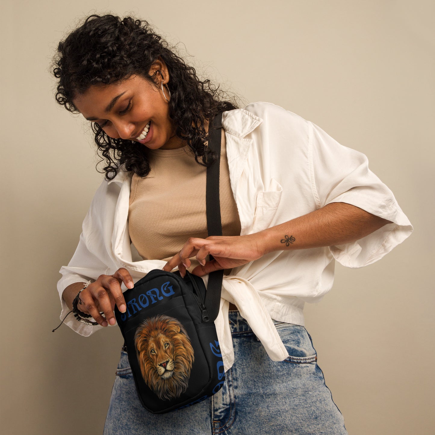 “I’AM STRONG”Black Utility Crossbody Bag W/Blue Font