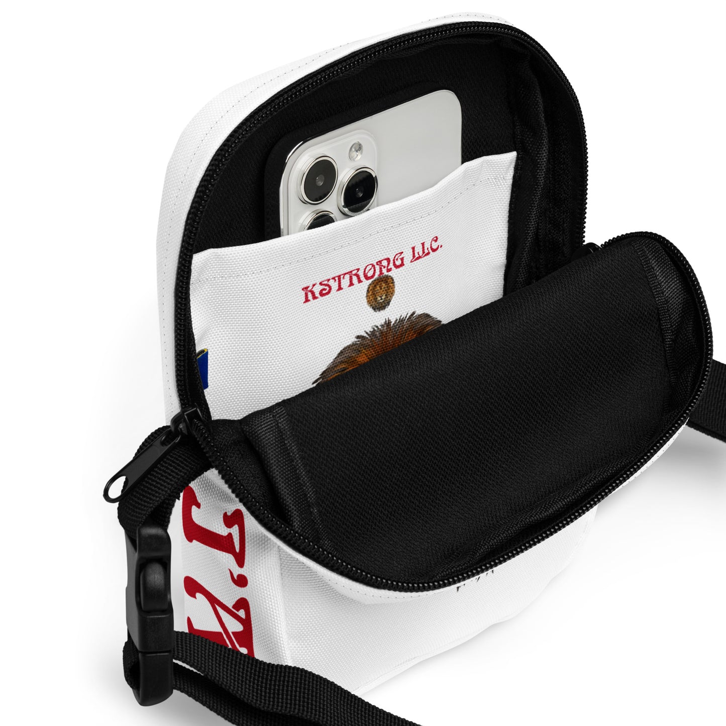 “I’AM STRONG”White Utility Crossbody Bag W/Red Font