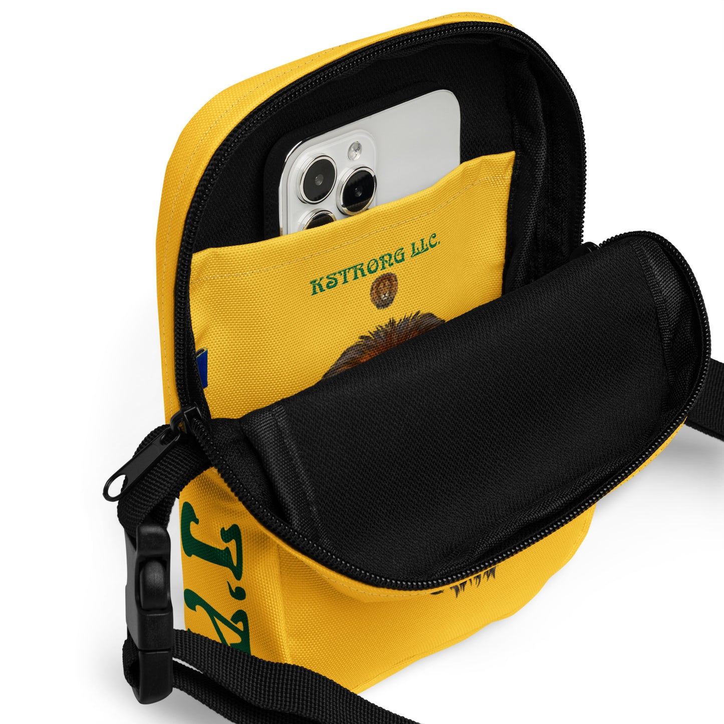 “I’AM STRONG”Yellow Utility Crossbody Bag W/Green Font