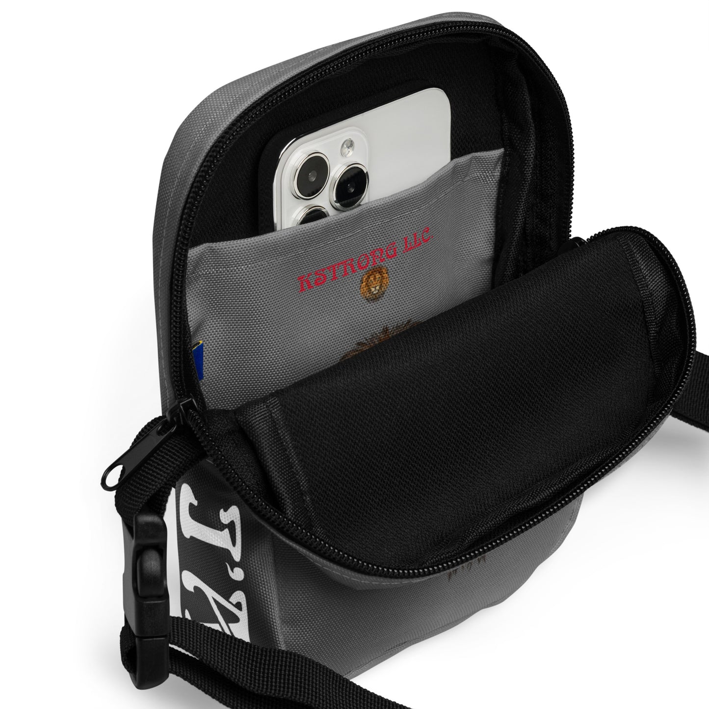 “I’AM STRONG”Grey Utility Crossbody Bag W/White Font