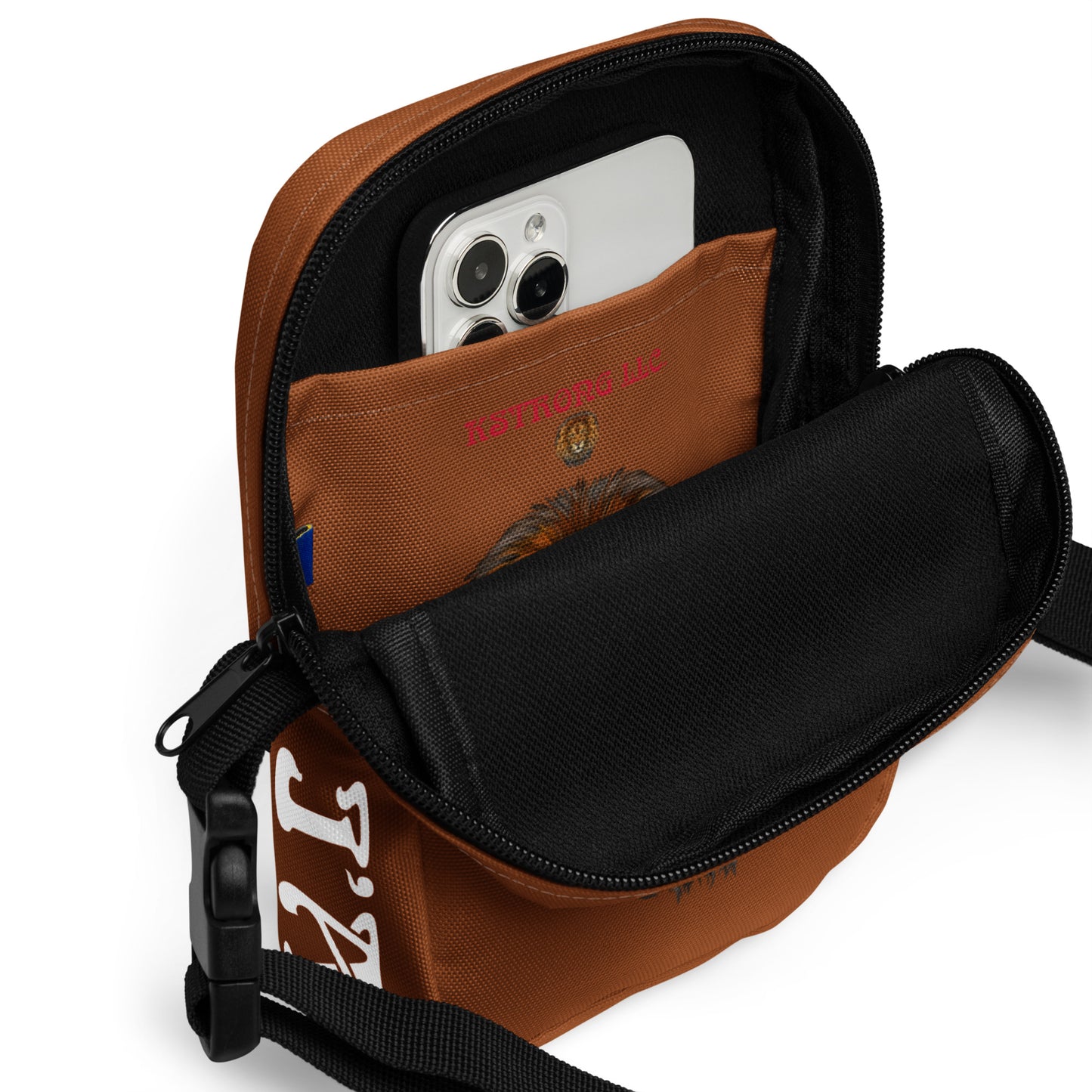 “I’AM STRONG”Brown Utility Crossbody Bag W/White Font