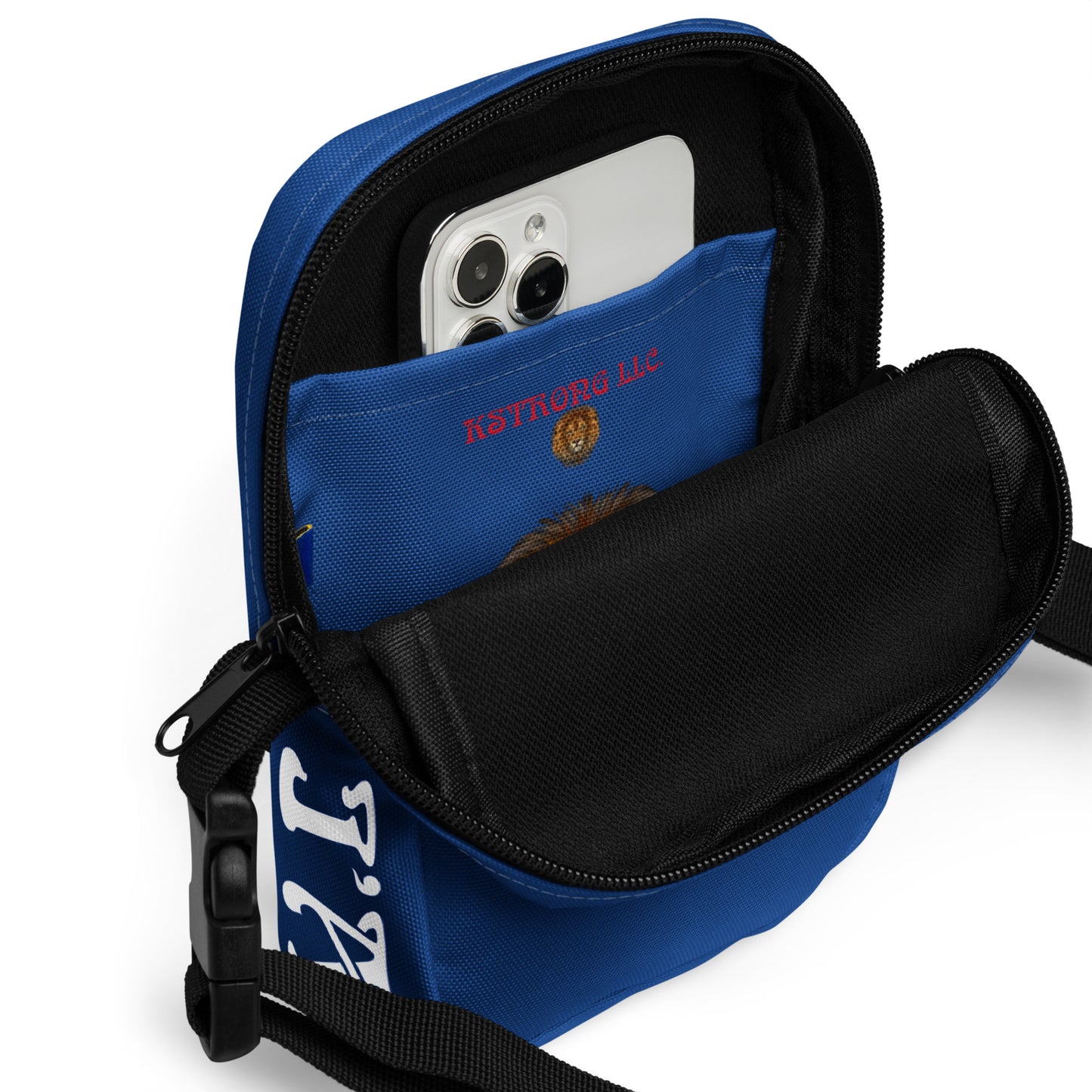 “I’AM STRONG”Blue Utility Crossbody Bag W/White Font