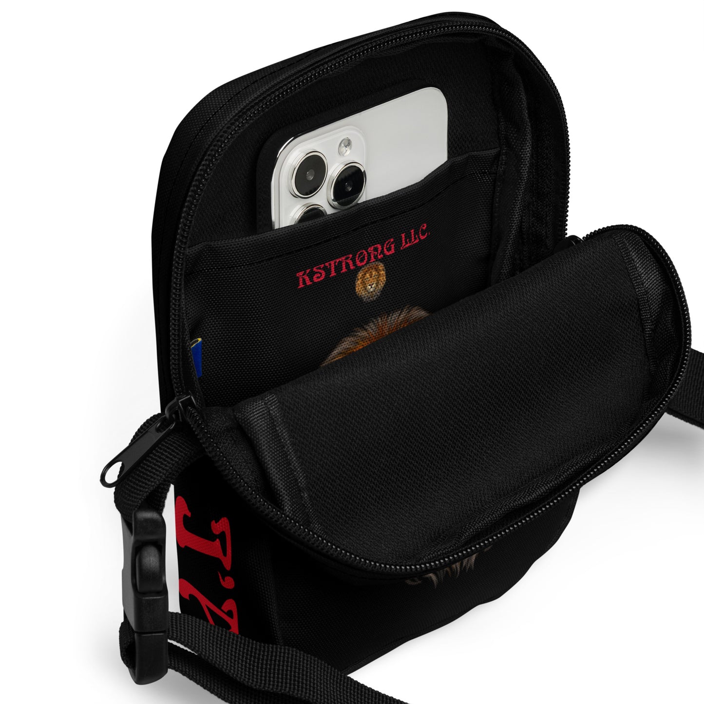 “I’AM STRONG”Black Utility Crossbody Bag W/Red Font