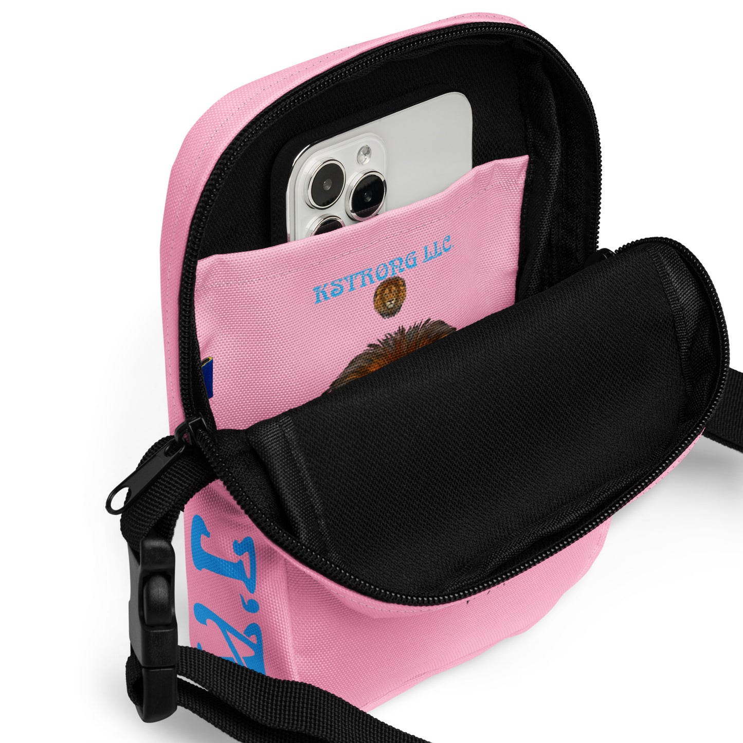 “I’AM STRONG”Cotton Candy Utility Crossbody Bag W/SkyBlue Font
