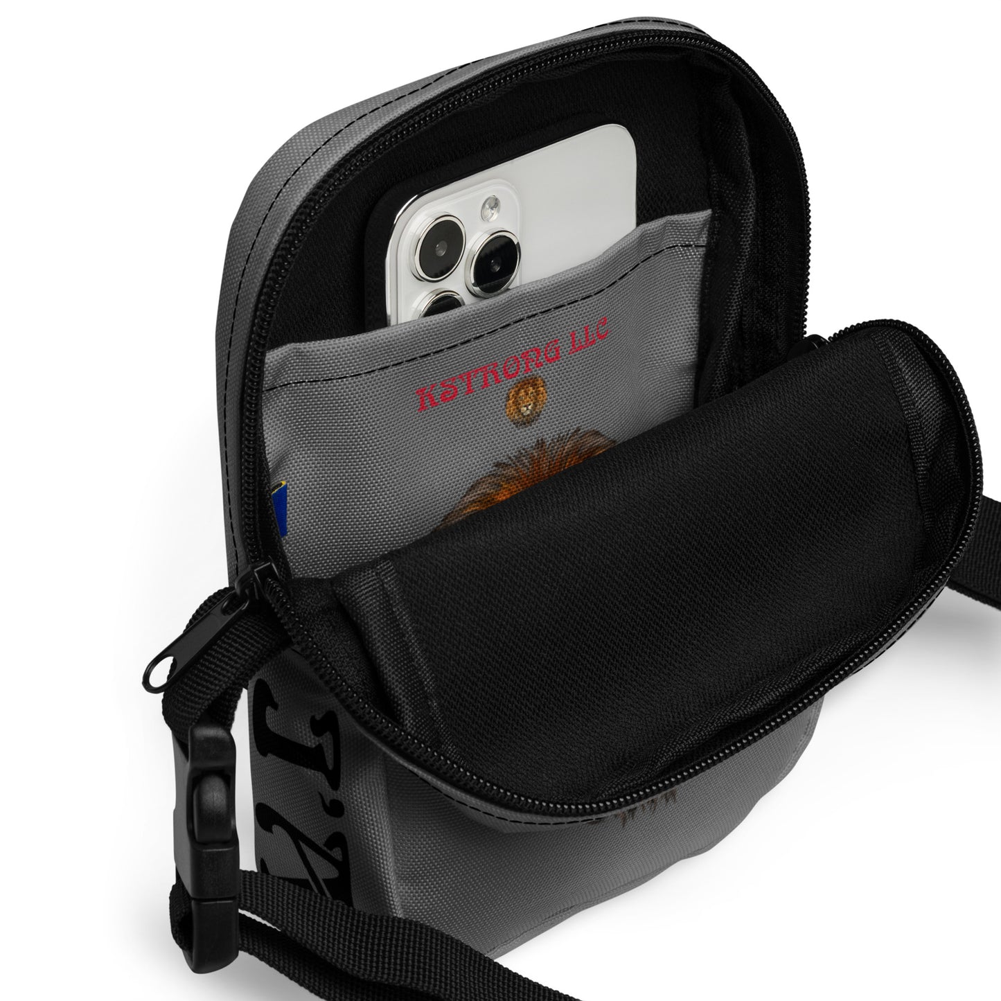 “I’AM STRONG”Grey Utility Crossbody Bag W/Black Font