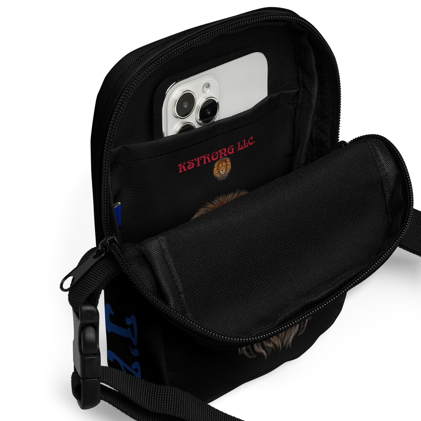 “I’AM STRONG”Black Utility Crossbody Bag W/Blue Font