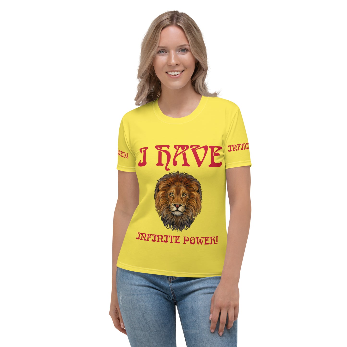 “I HAVE INFINITE POWER!”Yellow Women's T-Shirt W/Red Font