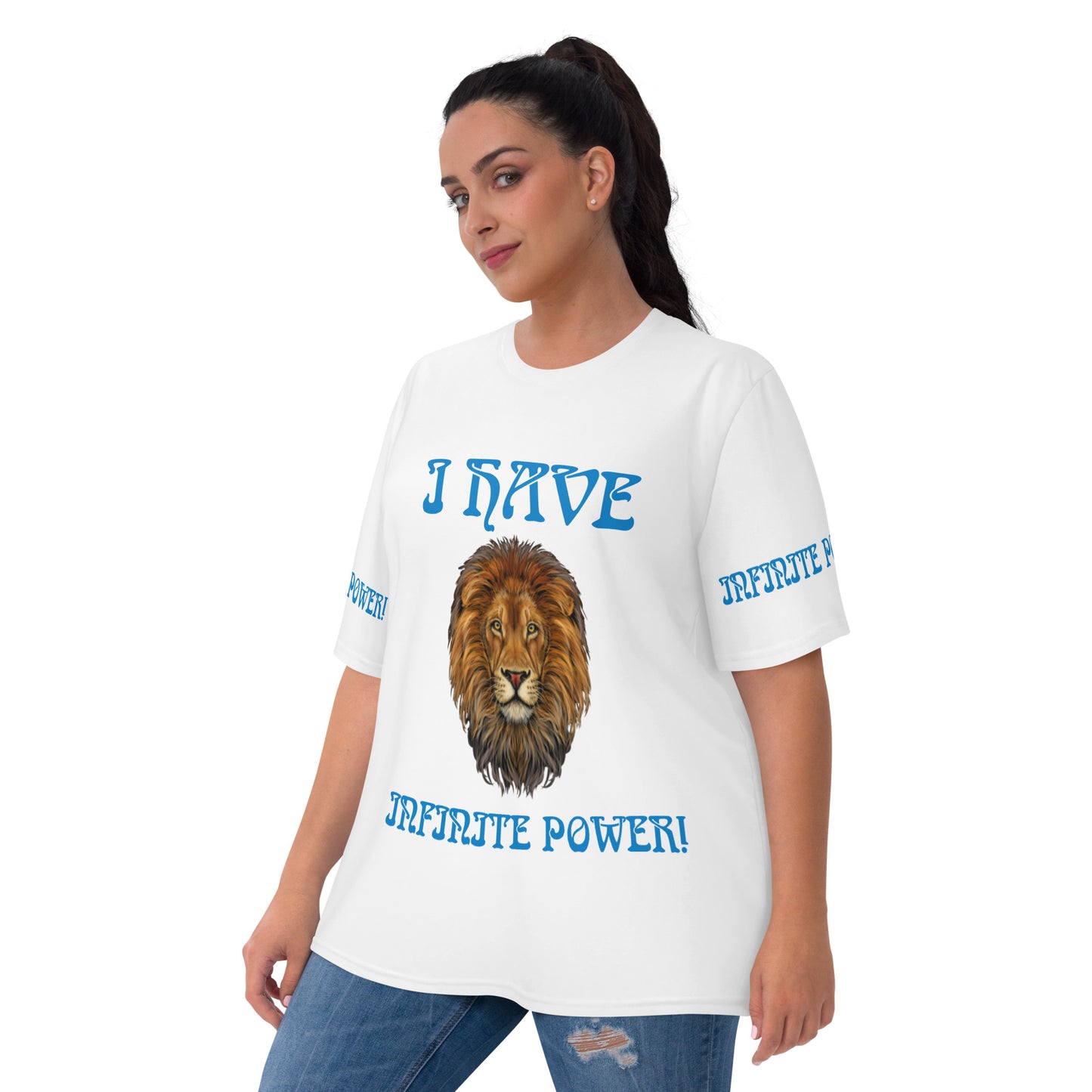 “I HAVE INFINITE POWER!”White Women's T-Shirt W/Aqua Font