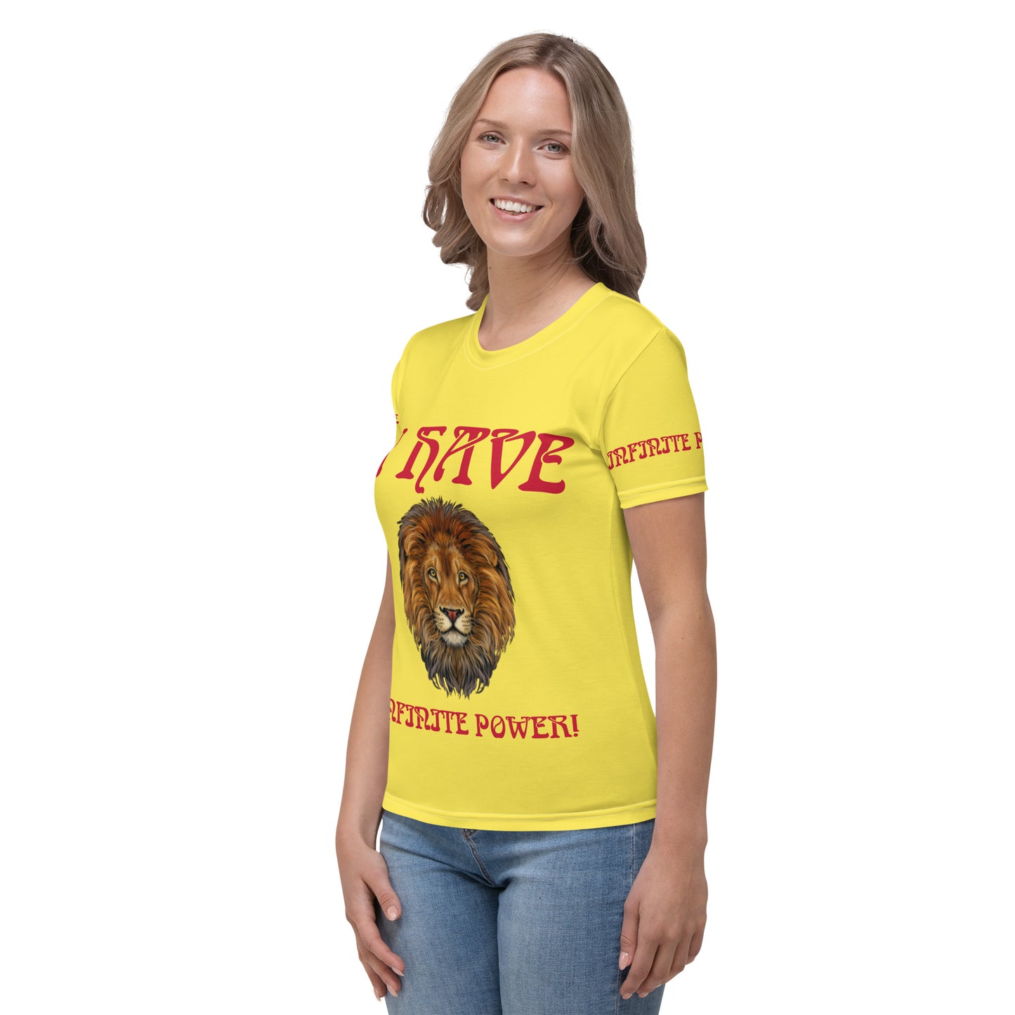 “I HAVE INFINITE POWER!”Yellow Women's T-Shirt W/Red Font