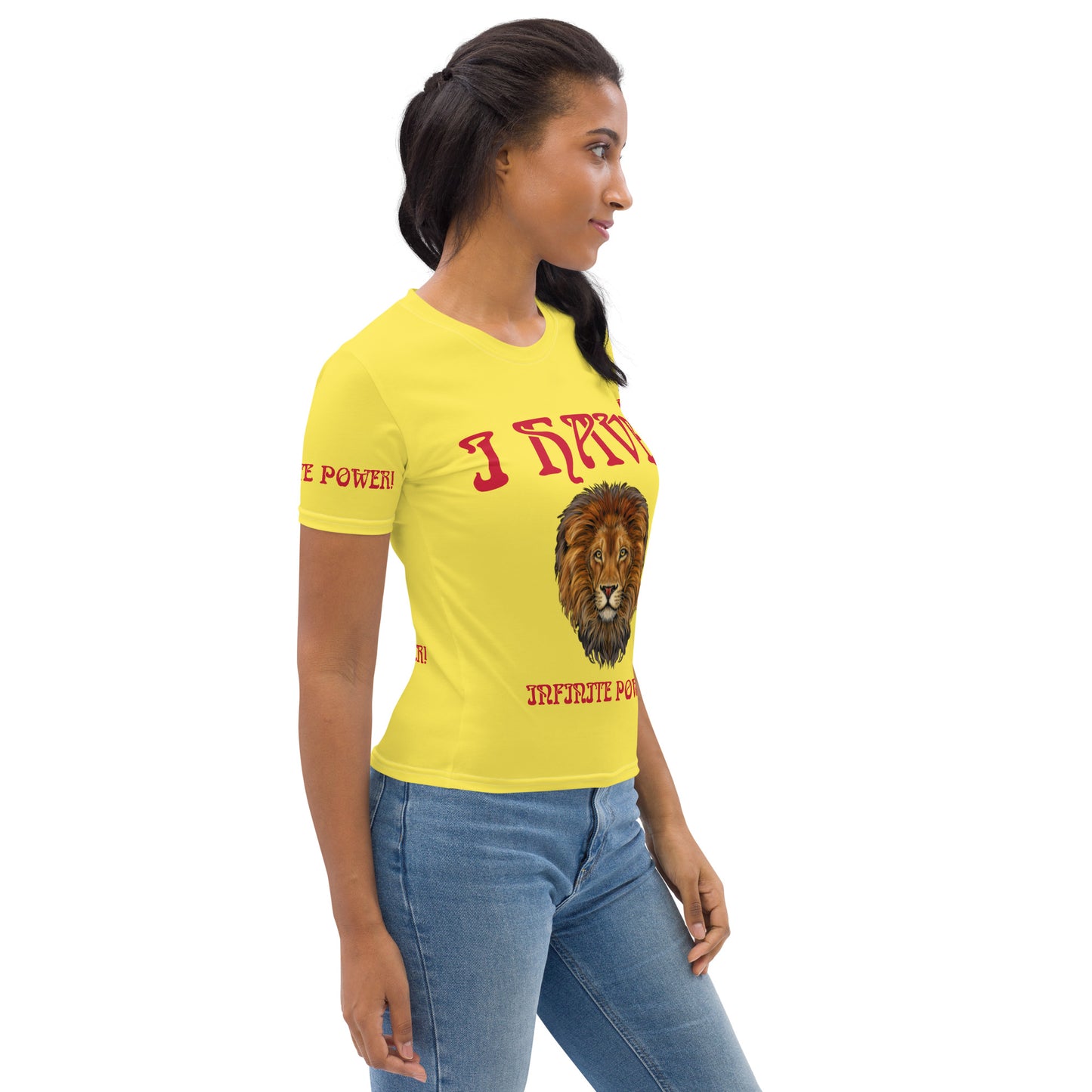 “I HAVE INFINITE POWER!”Yellow Women's T-Shirt W/Red Font