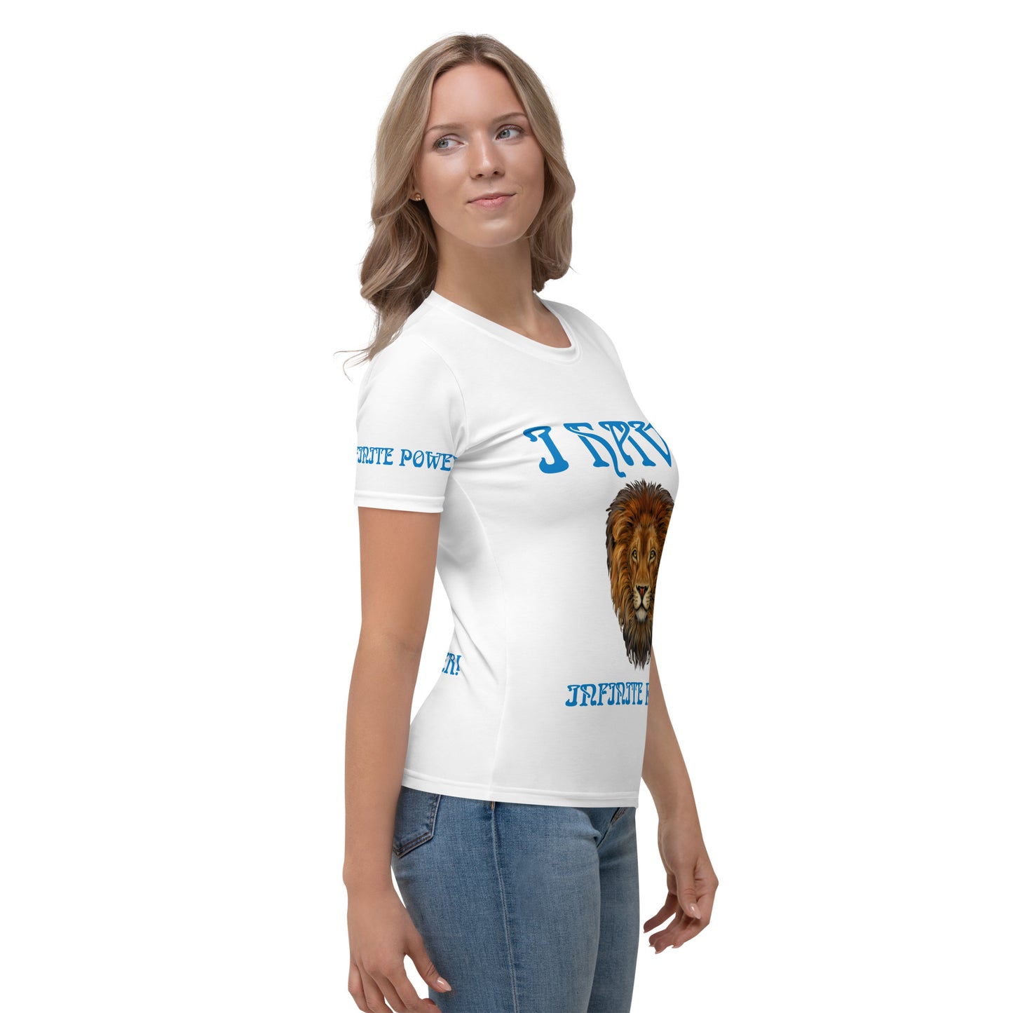 “I HAVE INFINITE POWER!”White Women's T-Shirt W/Aqua Font