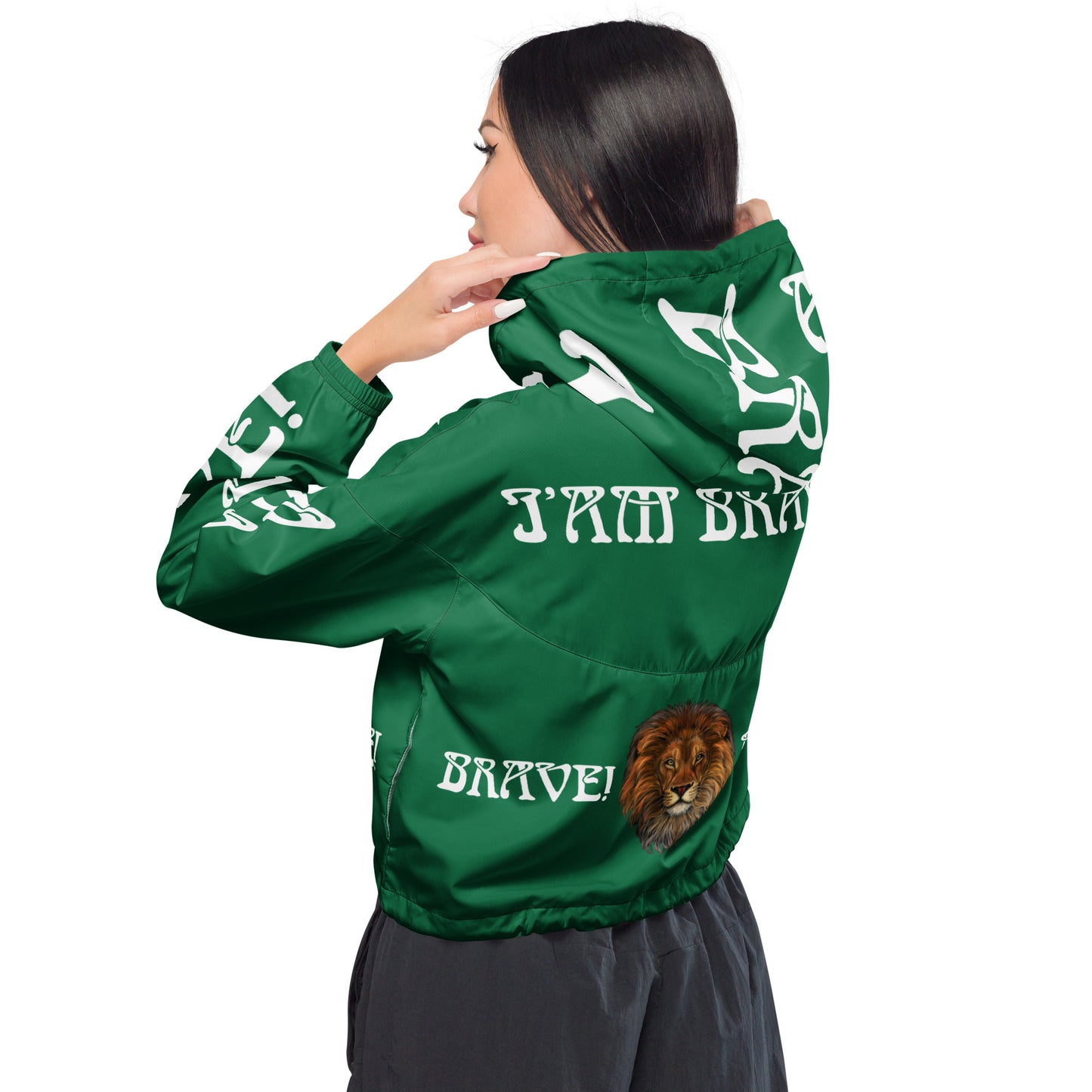 “BRAVE!”Green Women’s Cropped Windbreaker W/White Font