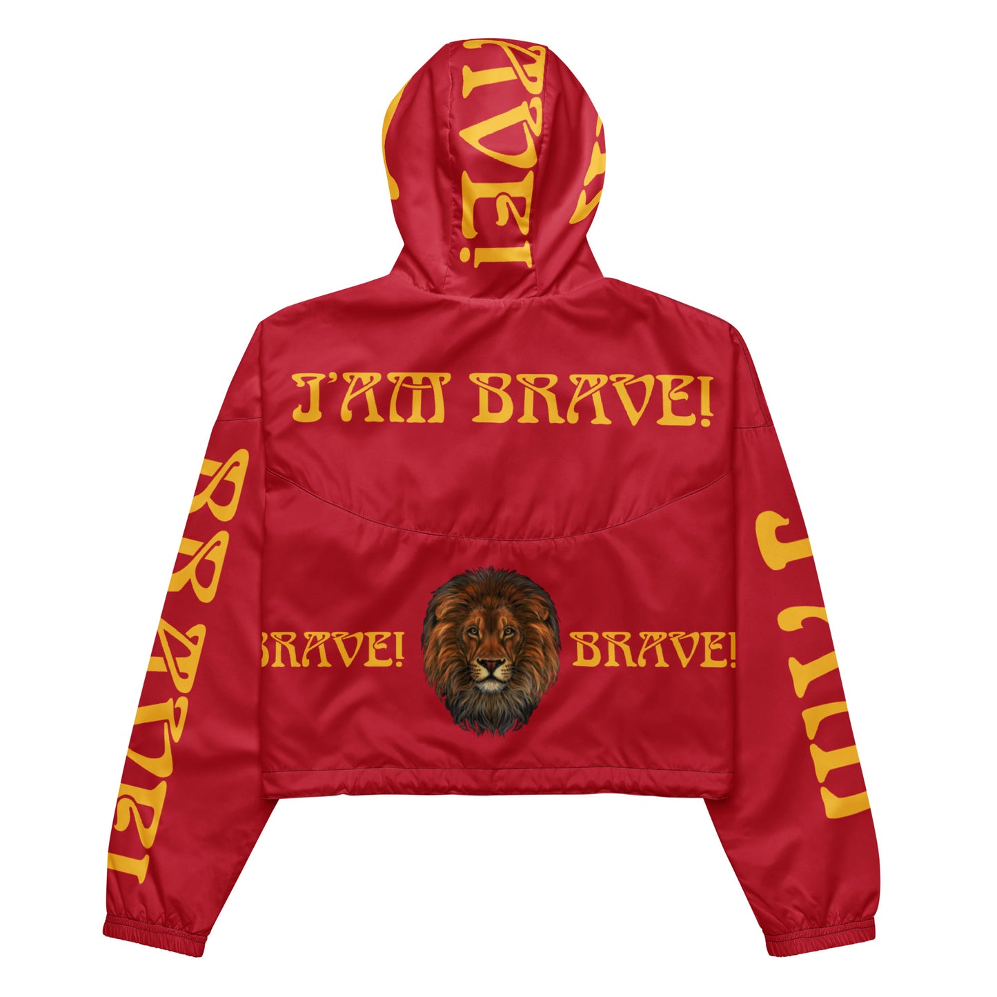 “BRAVE!”Red Women’s Cropped Windbreaker W/Yellow Font