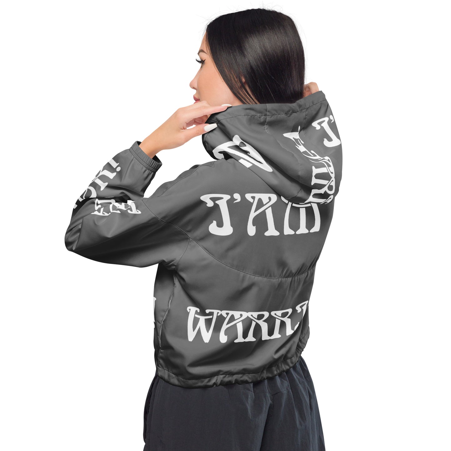 “I’AM A WARRIOR!” Grey Women’s Cropped Windbreaker W/White Font