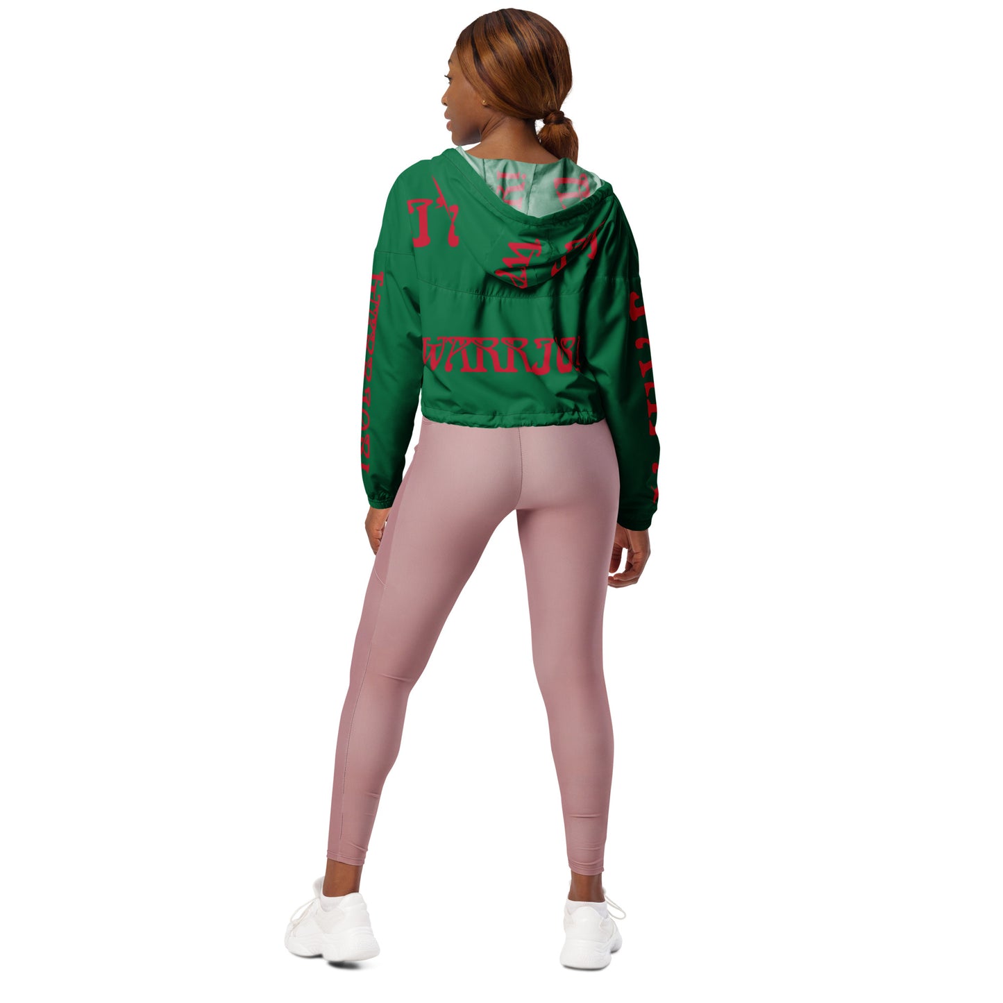 “I’AM A WARRIOR!” Green Women’s Cropped Windbreaker W/Red Font