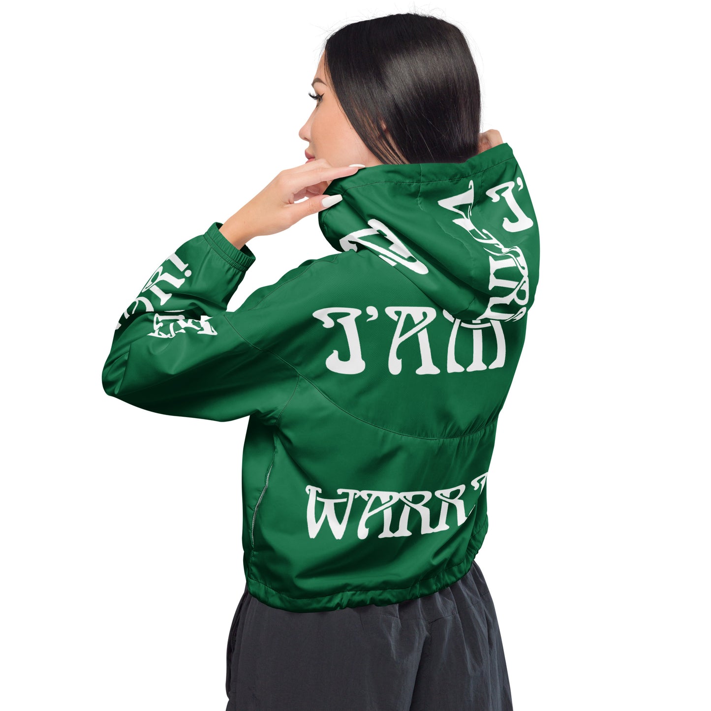 “I’AM A WARRIOR!” Green Women’s Cropped Windbreaker W/White Font