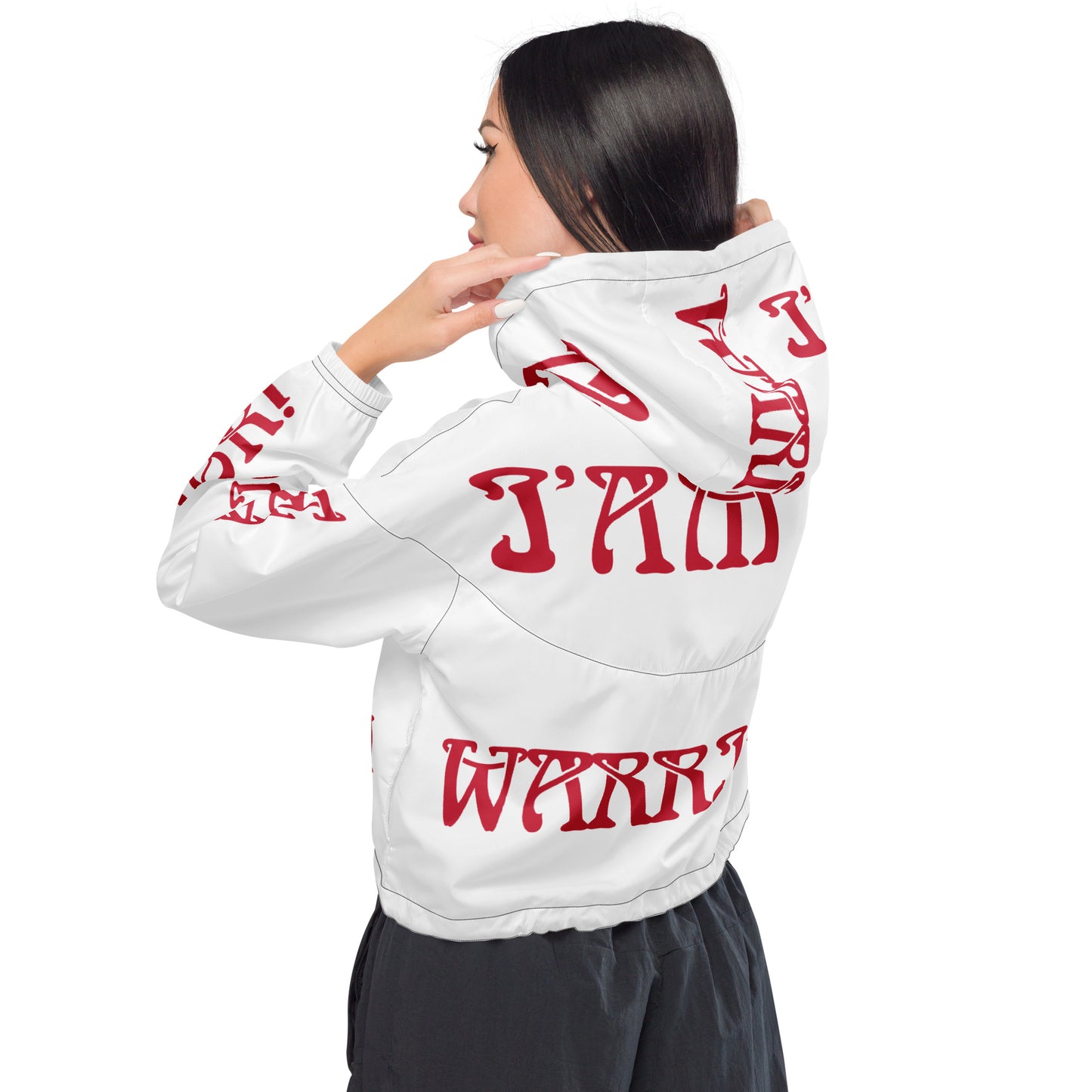 “I’AM A WARRIOR!” White Women’s Cropped Windbreaker W/Red Font