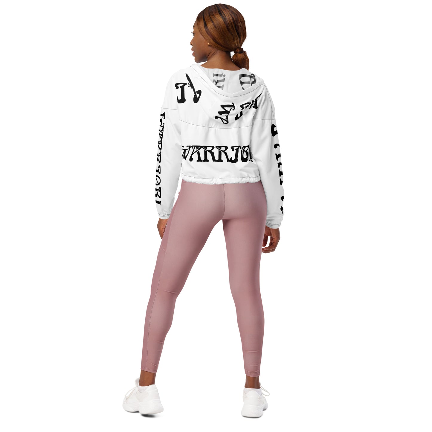 “I’AM A WARRIOR!” White Women’s Cropped Windbreaker W/Black Font