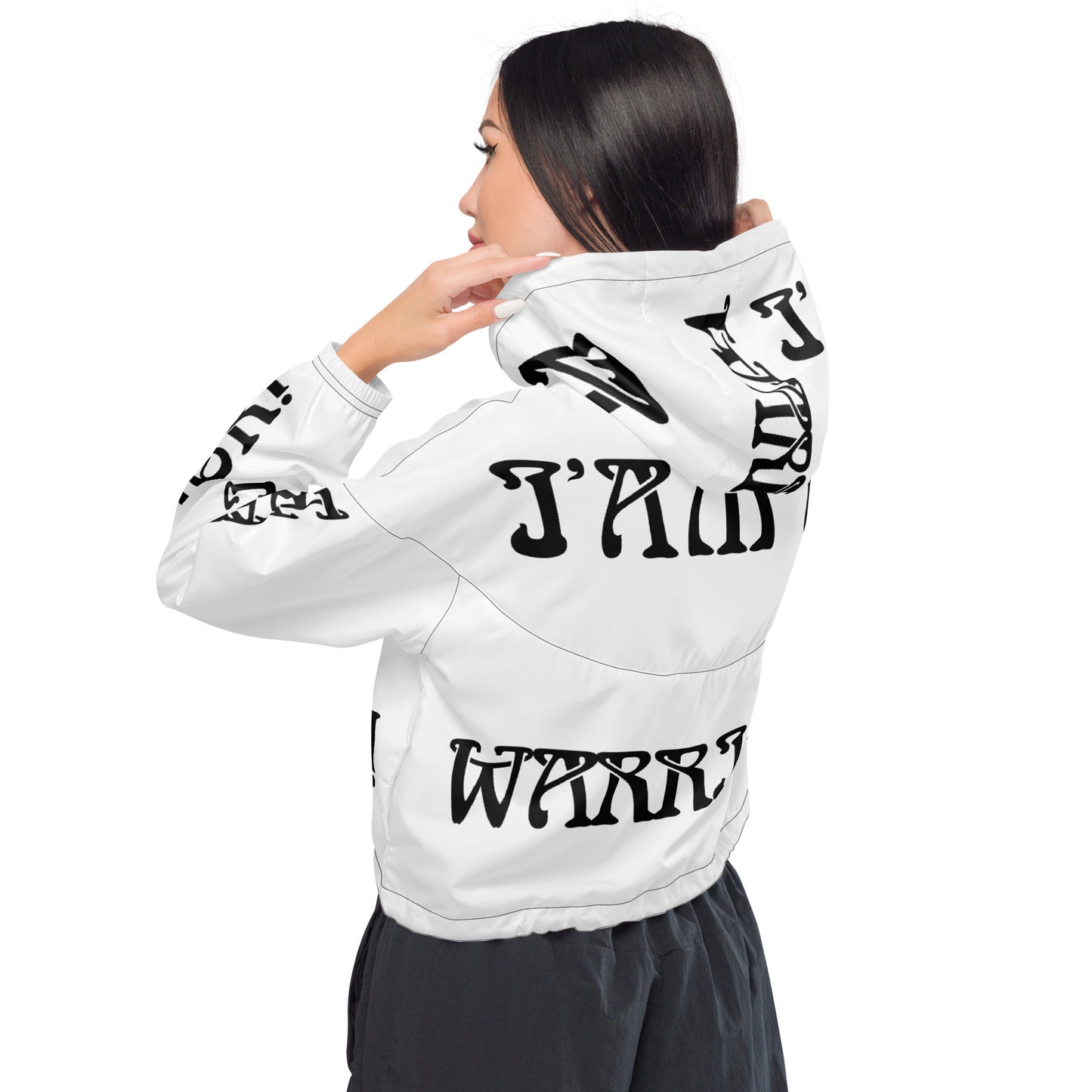 “I’AM A WARRIOR!” White Women’s Cropped Windbreaker W/Black Font