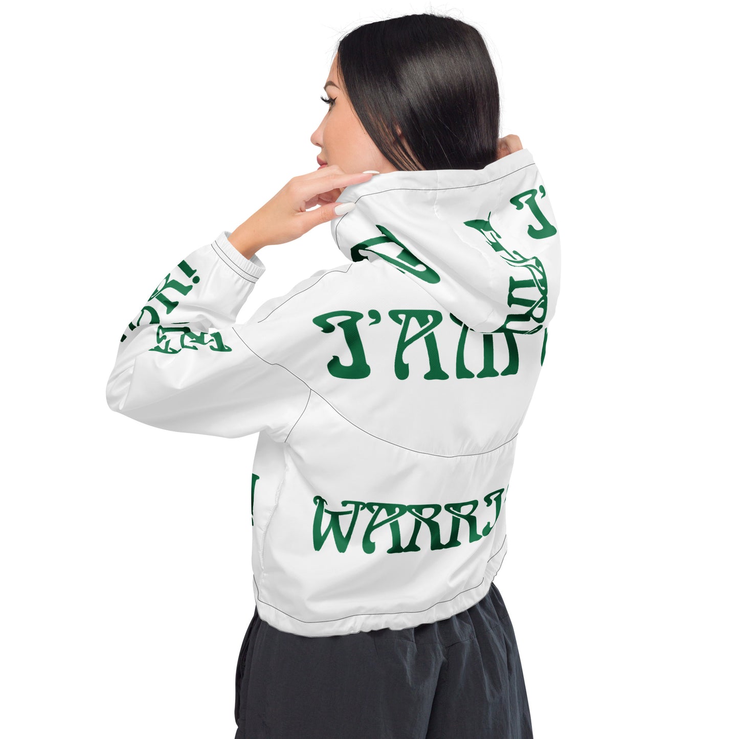 “I’AM A WARRIOR!” White Women’s Cropped Windbreaker W/Green Font