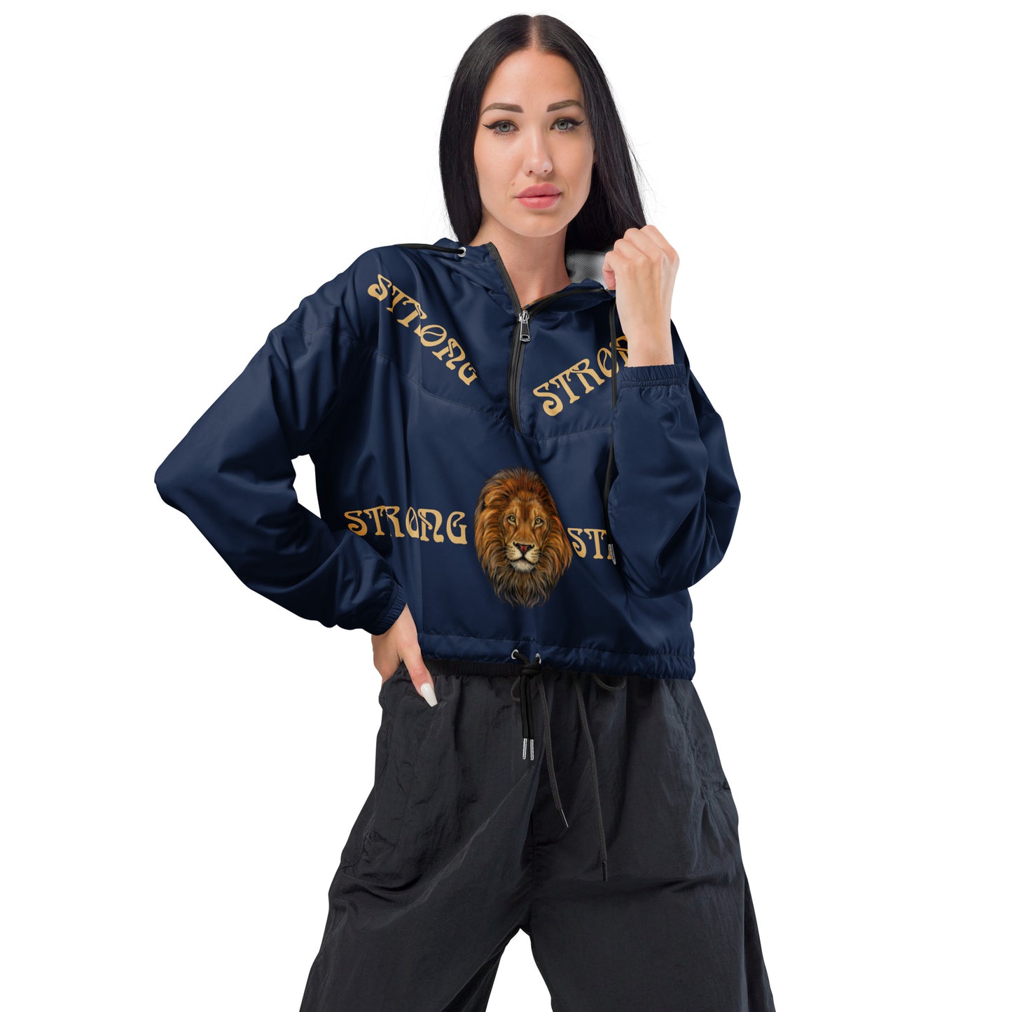 “STRONG”Navy Women’s Cropped Windbreaker W/Fawn Font