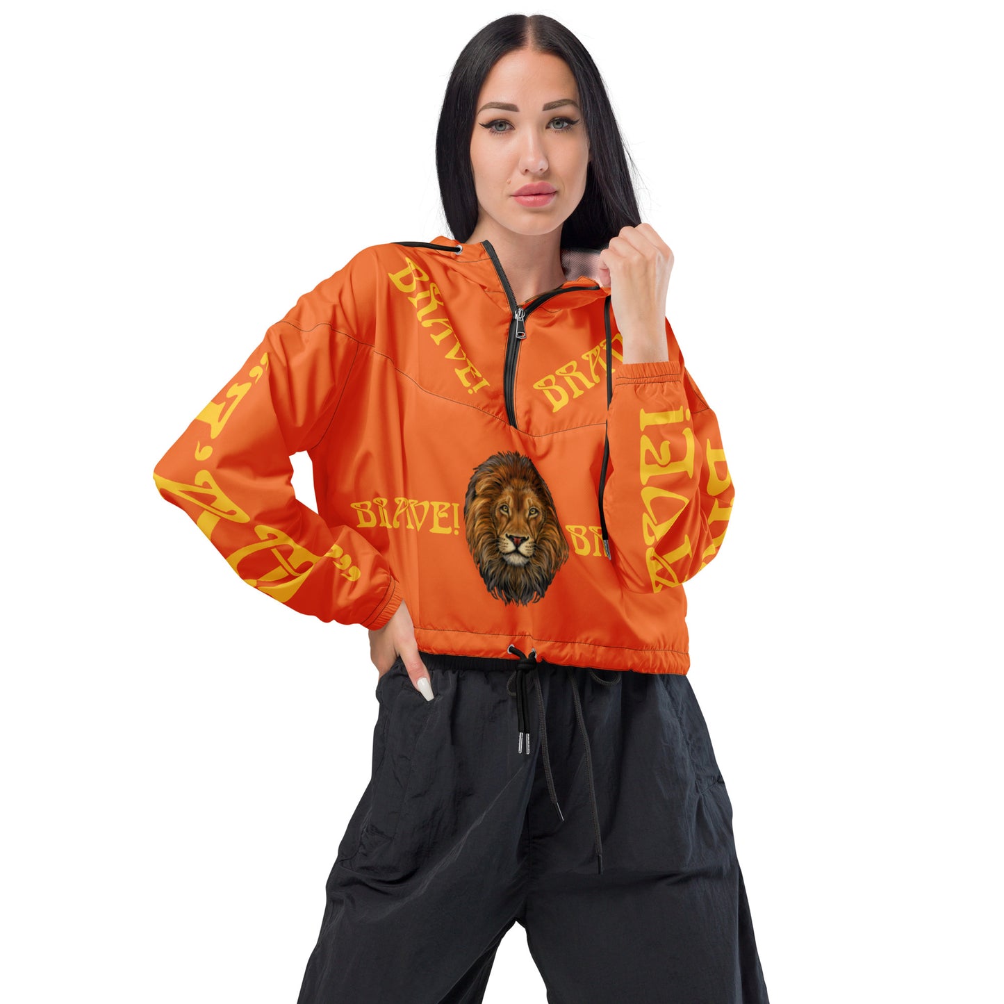 “BRAVE!”Orange Women’s Cropped Windbreaker W/Yellow Font