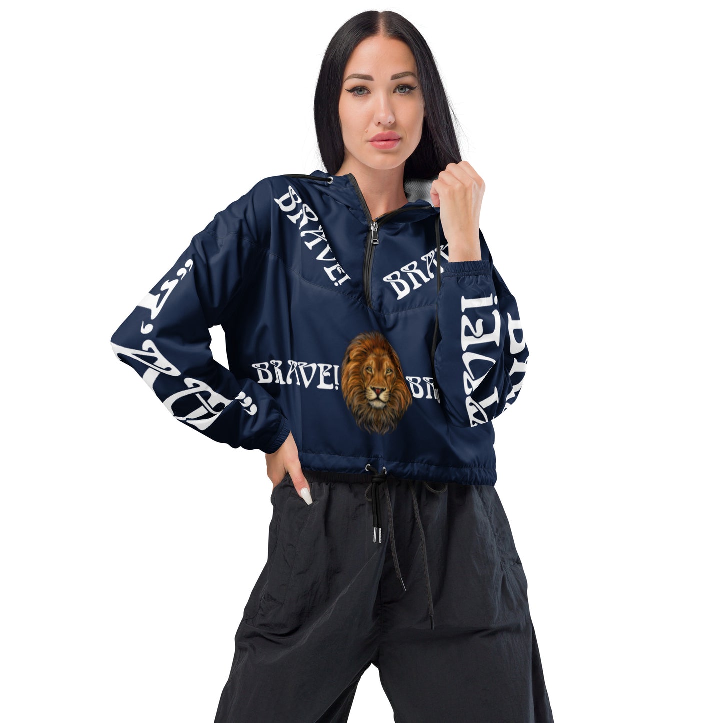 “BRAVE!”Navy Women’s Cropped Windbreaker W/White Font