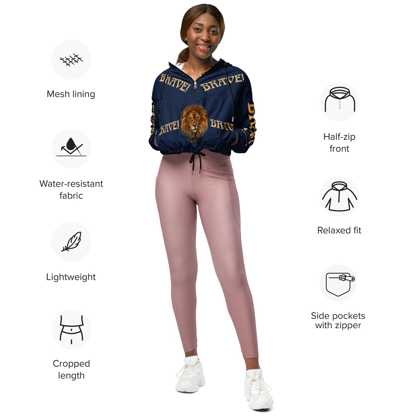 “BRAVE!”Navy Women’s Cropped Windbreaker W/Fawn Font