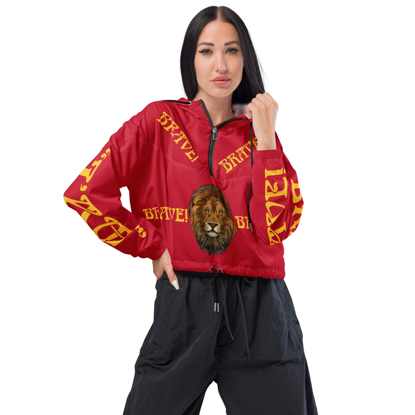 “BRAVE!”Red Women’s Cropped Windbreaker W/Yellow Font