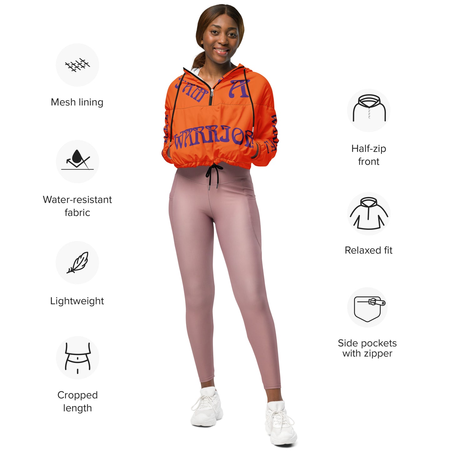 “I’AM A WARRIOR!” Orange Women’s Cropped Windbreaker W/Purple