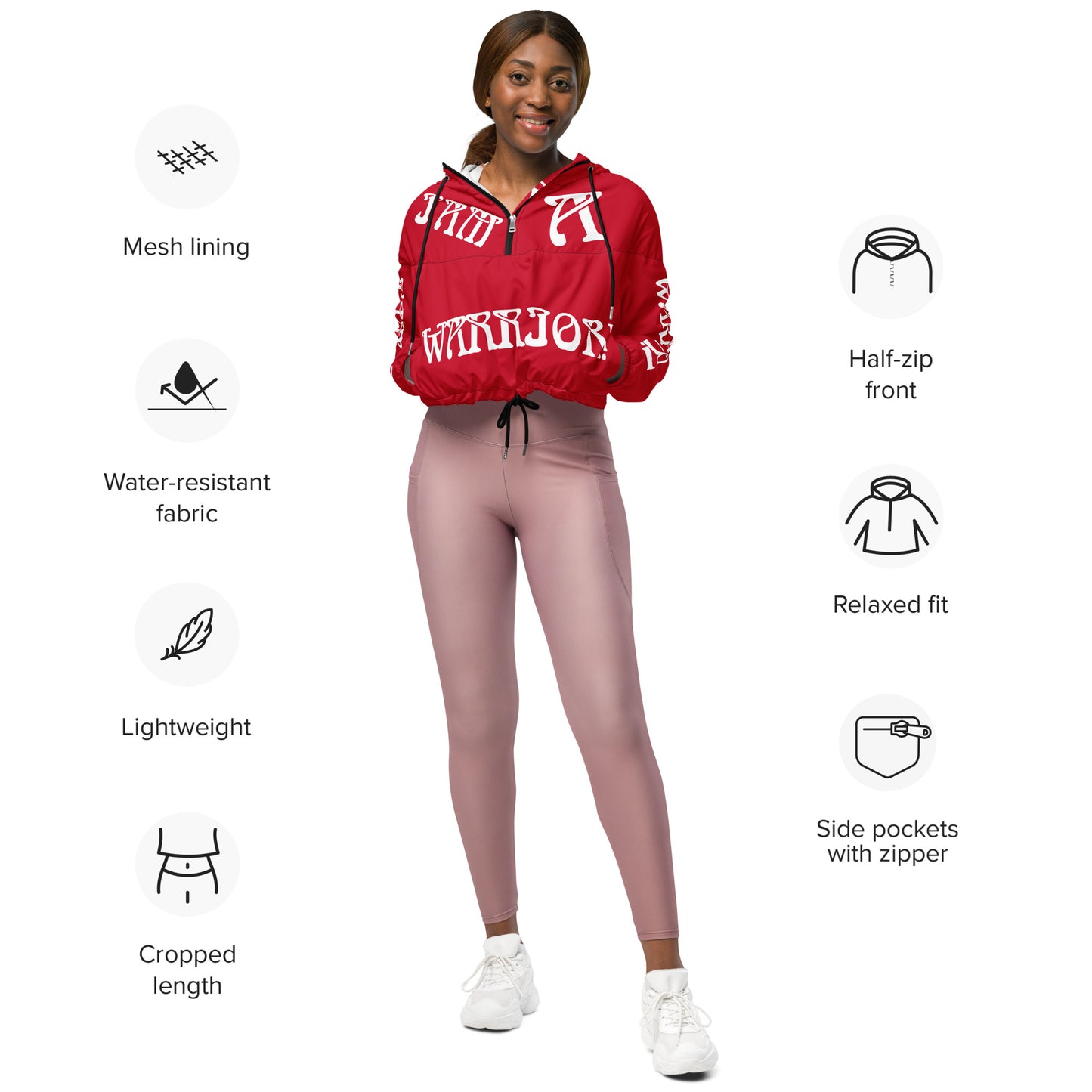 “I’AM A WARRIOR!” Red Women’s Cropped Windbreaker W/White Font