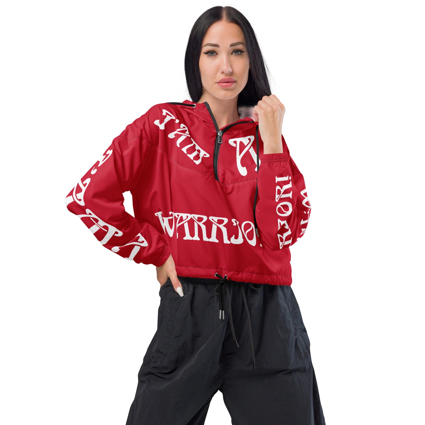“I’AM A WARRIOR!” Red Women’s Cropped Windbreaker W/White Font