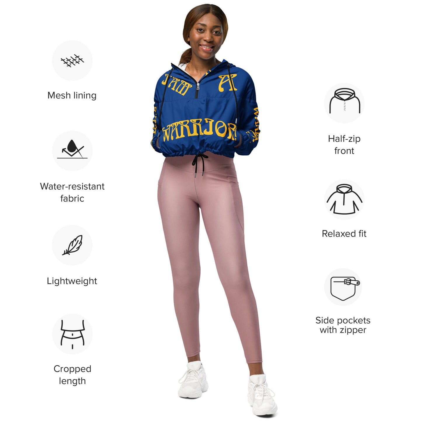 “I’AM A WARRIOR!” Blue Women’s Cropped Windbreaker W/Yellow Font