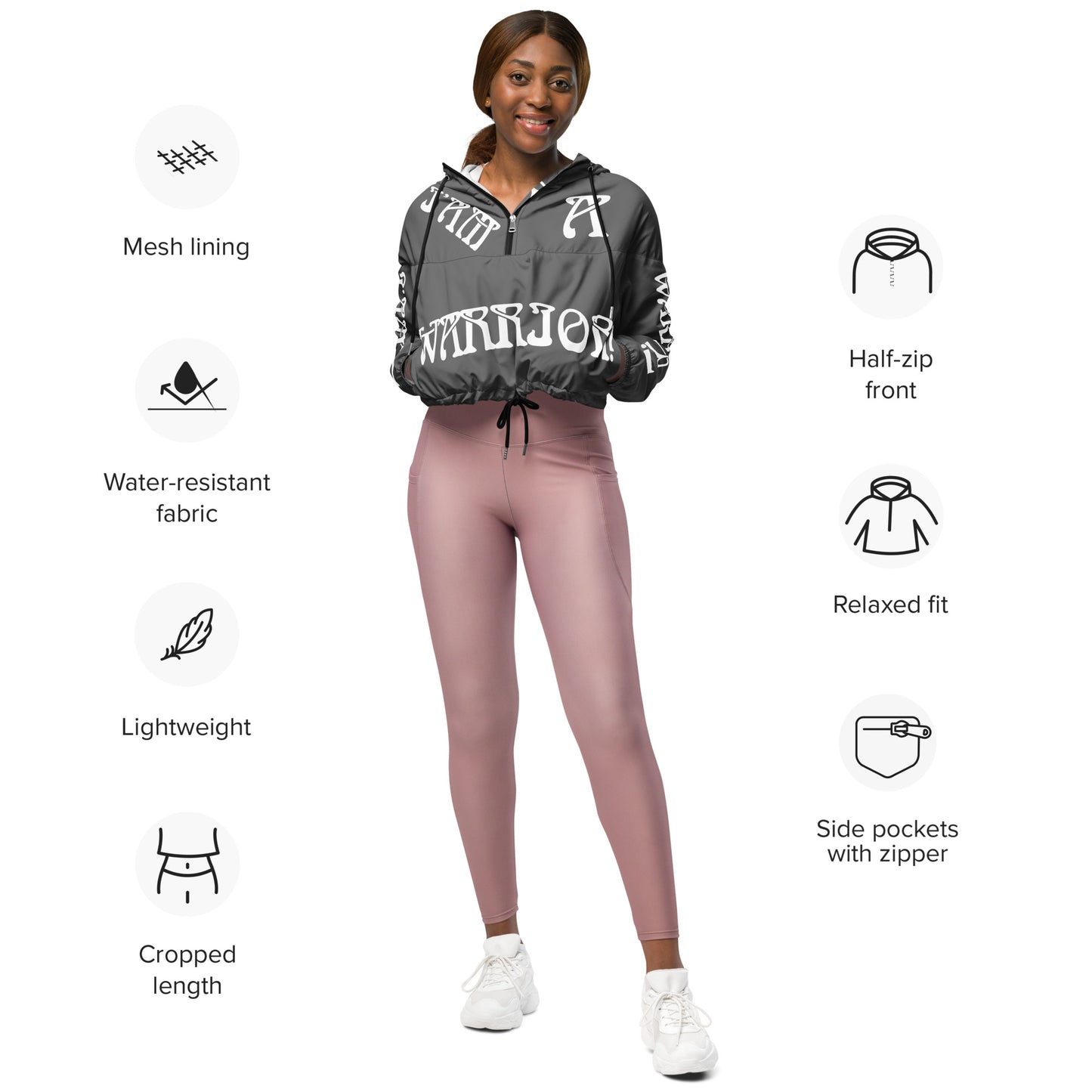 “I’AM A WARRIOR!” Grey Women’s Cropped Windbreaker W/White Font