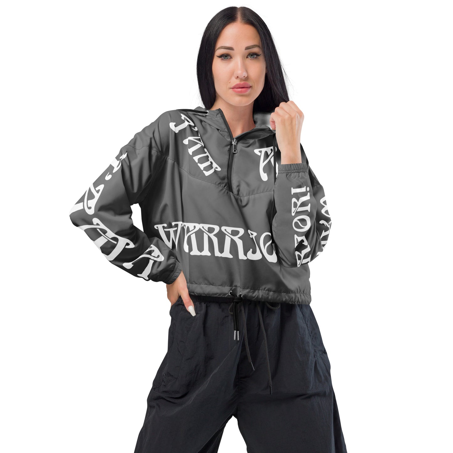 “I’AM A WARRIOR!” Grey Women’s Cropped Windbreaker W/White Font