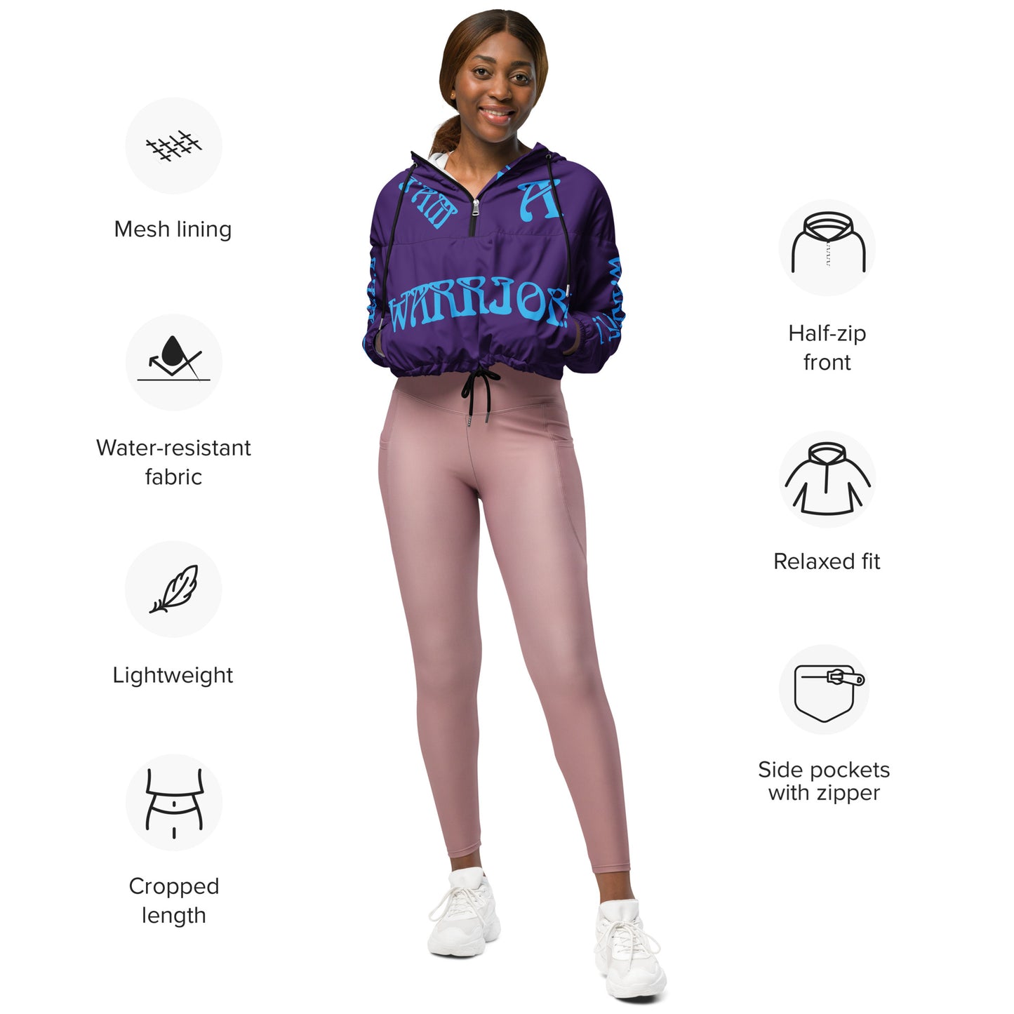 “I’AM A WARRIOR!” Purple Women’s Cropped Windbreaker W/SkyBlue Font