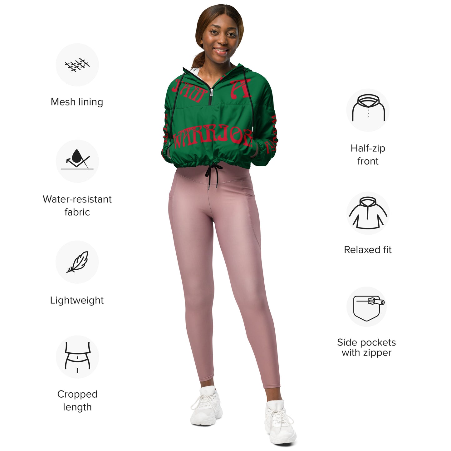 “I’AM A WARRIOR!” Green Women’s Cropped Windbreaker W/Red Font