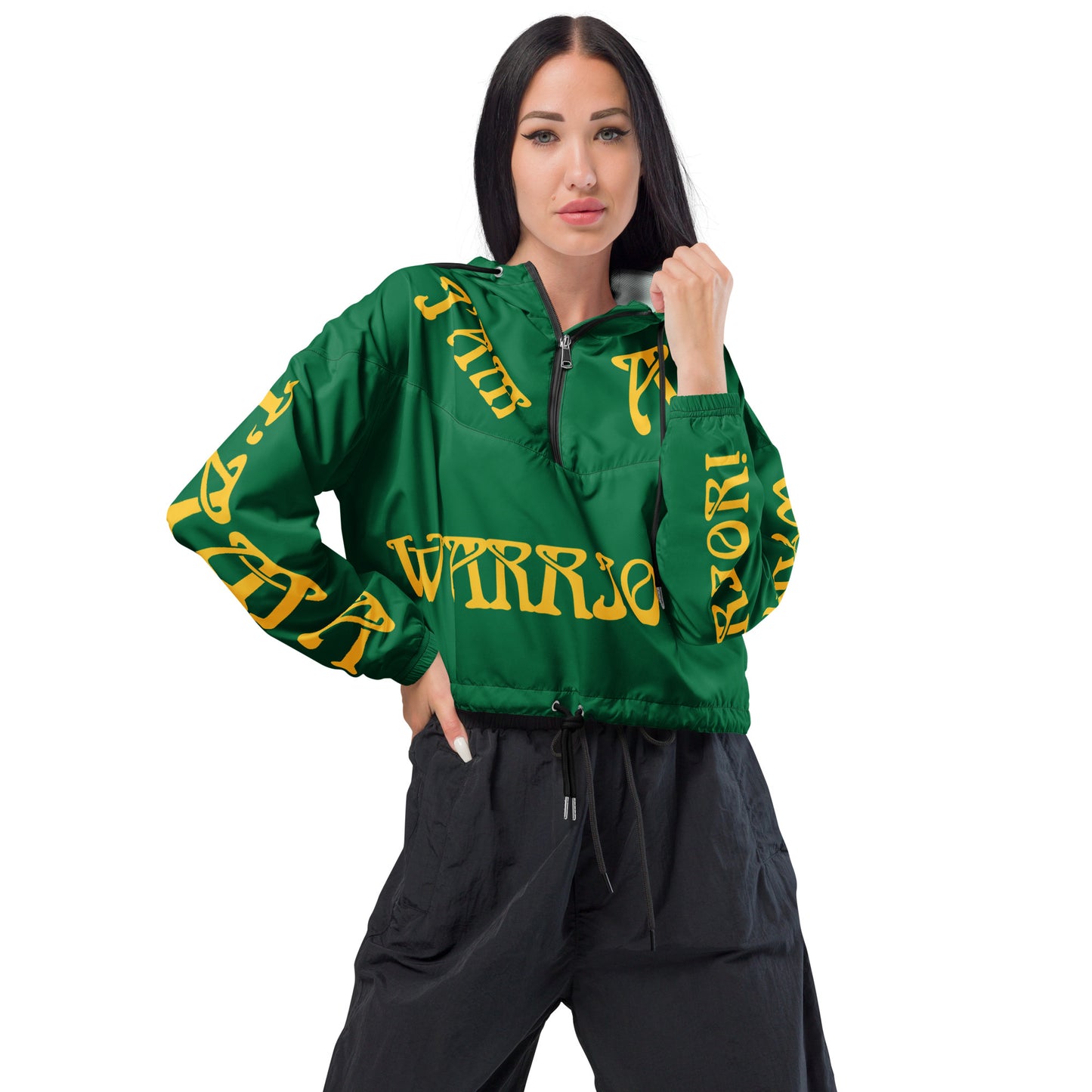 “I’AM A WARRIOR!” Green Women’s Cropped Windbreaker W/Yellow Font