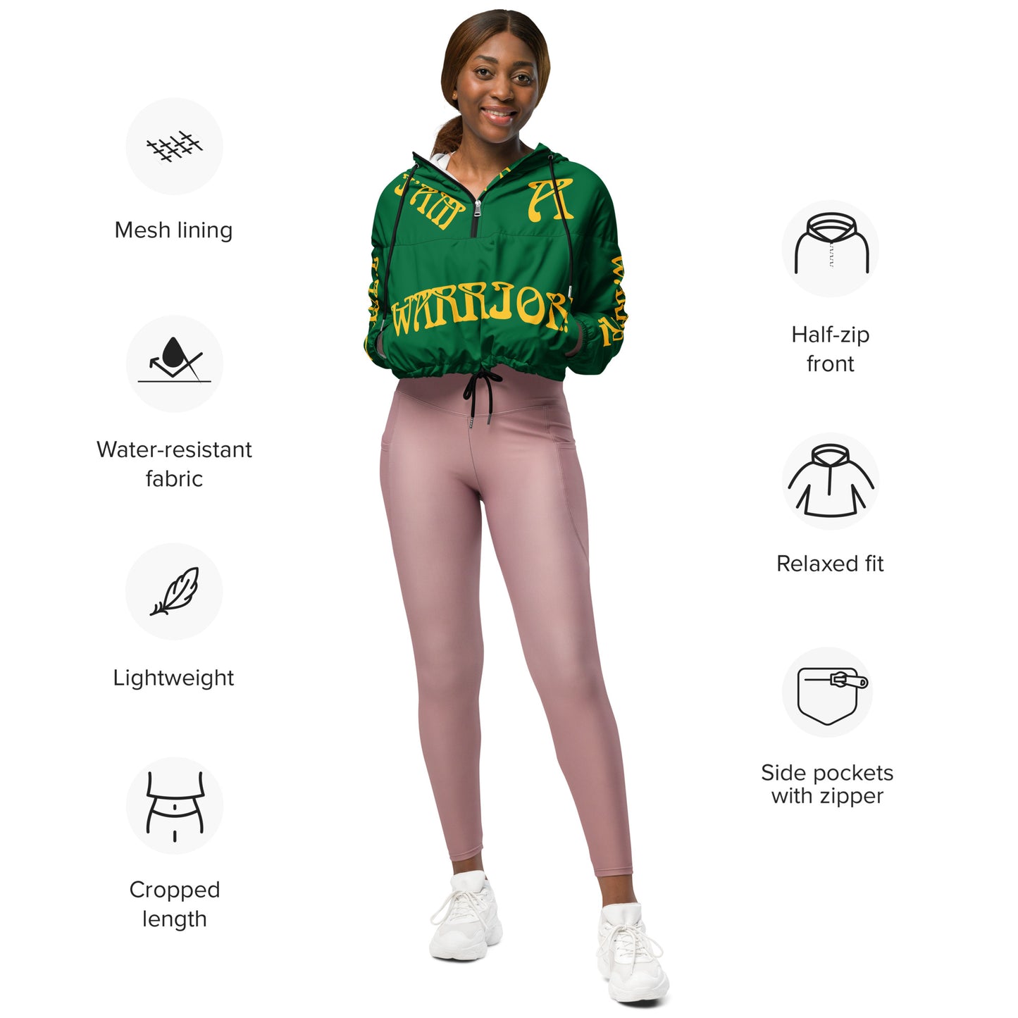 “I’AM A WARRIOR!” Green Women’s Cropped Windbreaker W/Yellow Font