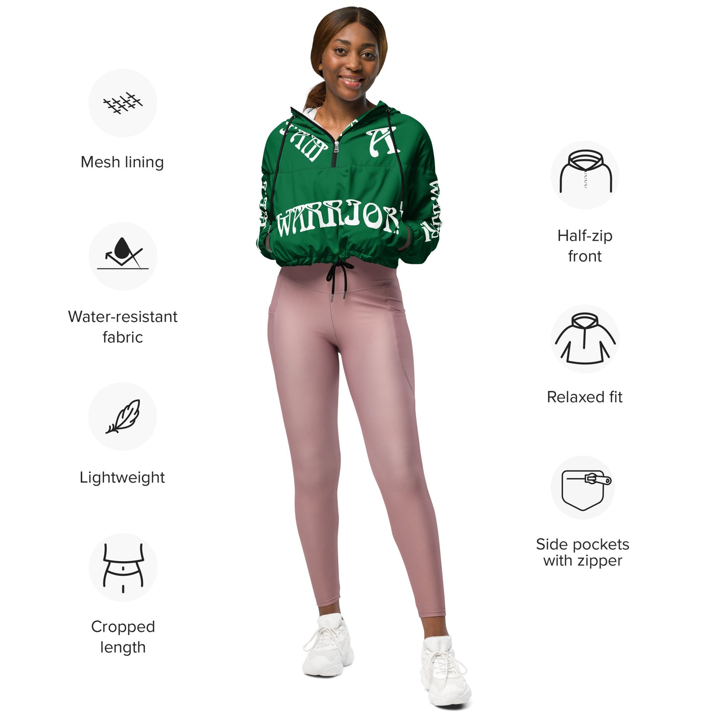 “I’AM A WARRIOR!” Green Women’s Cropped Windbreaker W/White Font