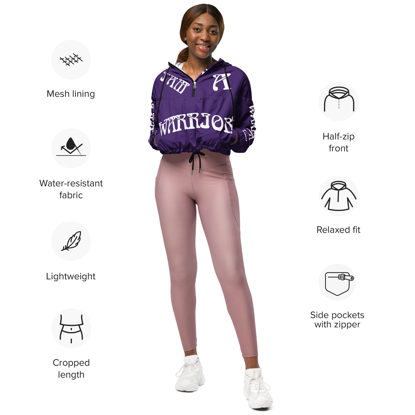 “I’AM A WARRIOR!” Purple Women’s Cropped Windbreaker W/White Font