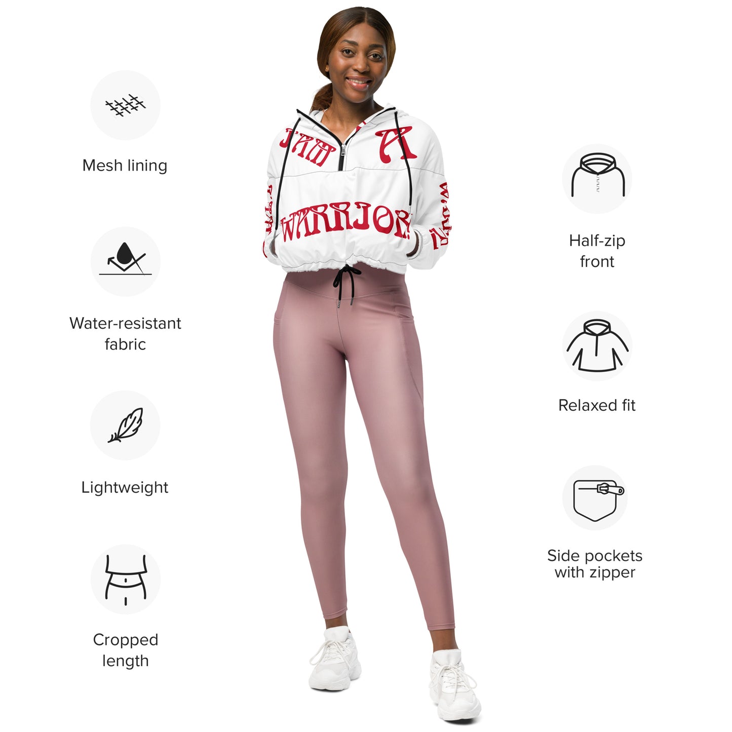 “I’AM A WARRIOR!” White Women’s Cropped Windbreaker W/Red Font